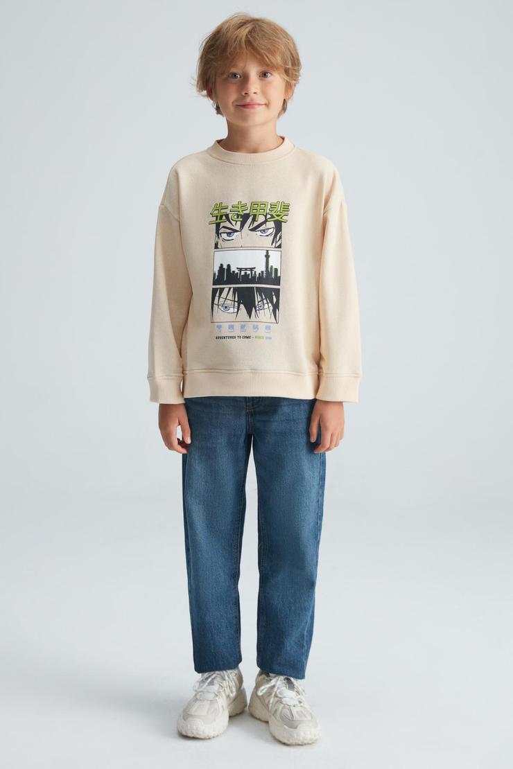REMCO Erkek Çocuk Nakışlı Yuvarlak Yaka Krem Sweatshirt