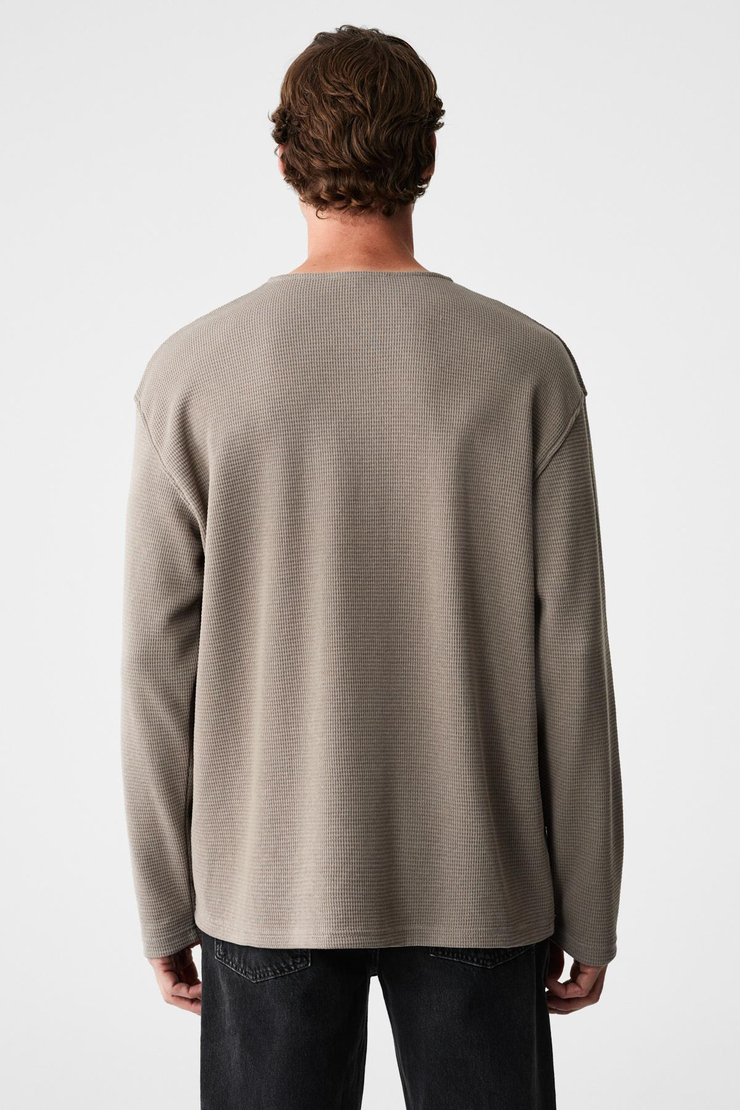 RENEW Erkek Organik Pamuklu Bisiklet Yaka Yarım Patlı Düğmeli Regular Vizon Sweatshirt