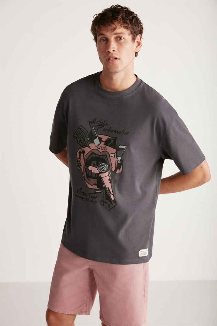 REX Örme Oversize Antrasit Tekli T-Shirt
