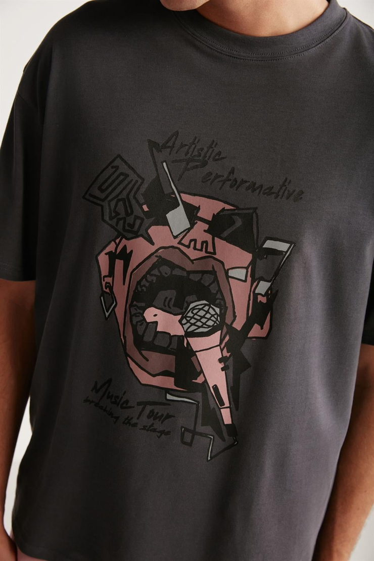 REX Örme Oversize Antrasit Tekli T-Shirt