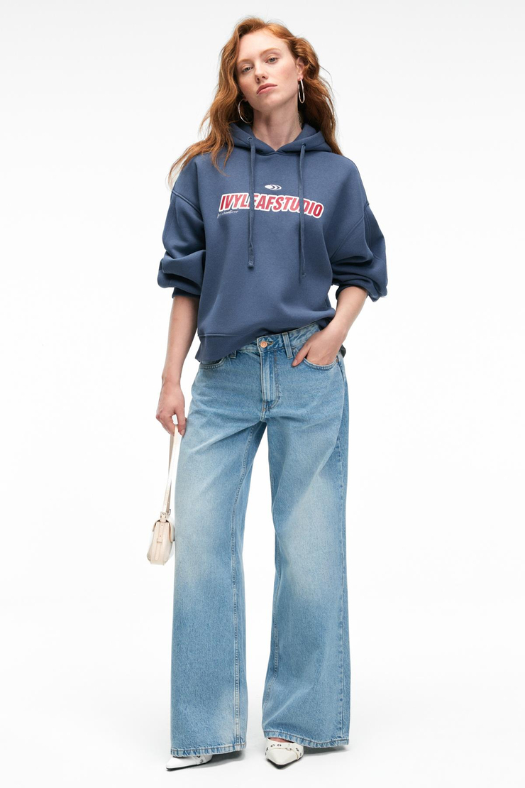RHOVARA Kadın Oversize Kapüşonlu Baskı ve Nakış Detaylı Lacivert Sweatshirt