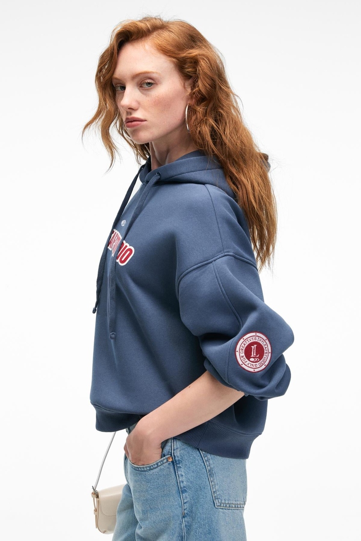 RHOVARA Kadın Oversize Kapüşonlu Baskı ve Nakış Detaylı Lacivert Sweatshirt