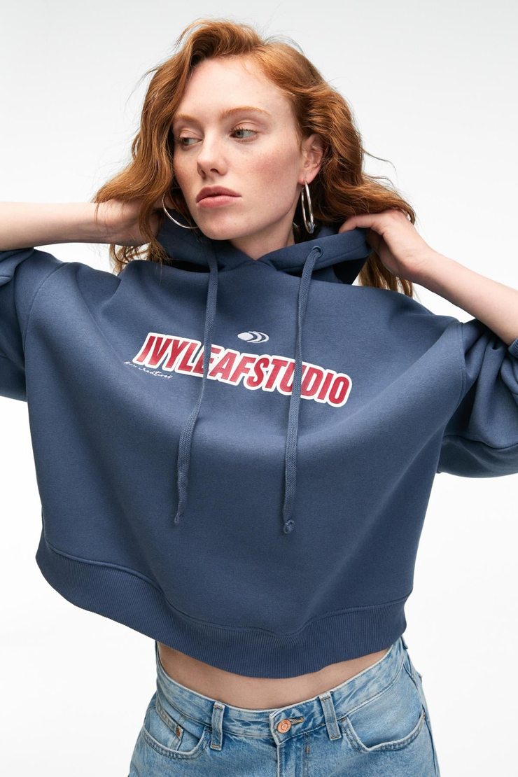 RHOVARA Kadın Oversize Kapüşonlu Baskı ve Nakış Detaylı Lacivert Sweatshirt