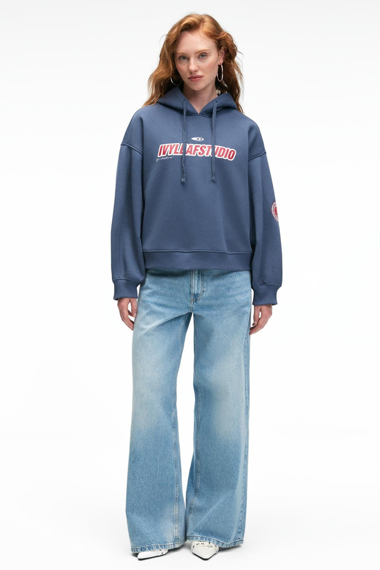 RHOVARA Kadın Oversize Kapüşonlu Baskı ve Nakış Detaylı Lacivert Sweatshirt