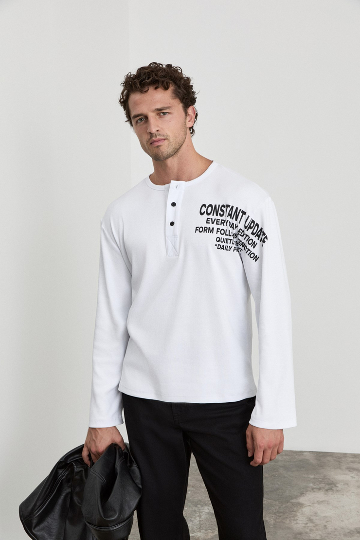 RICAMO Erkek Baskılı Henley Yaka Uzun Kollu Beyaz T-Shirt