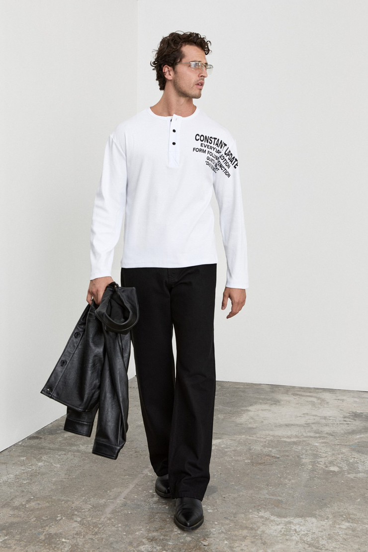 RICAMO Erkek Baskılı Henley Yaka Uzun Kollu Beyaz T-Shirt