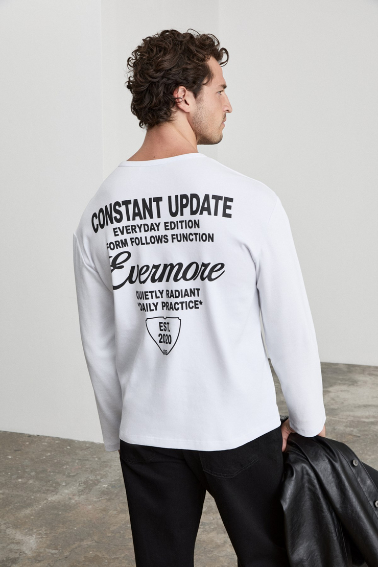 RICAMO Erkek Baskılı Henley Yaka Uzun Kollu Beyaz T-Shirt