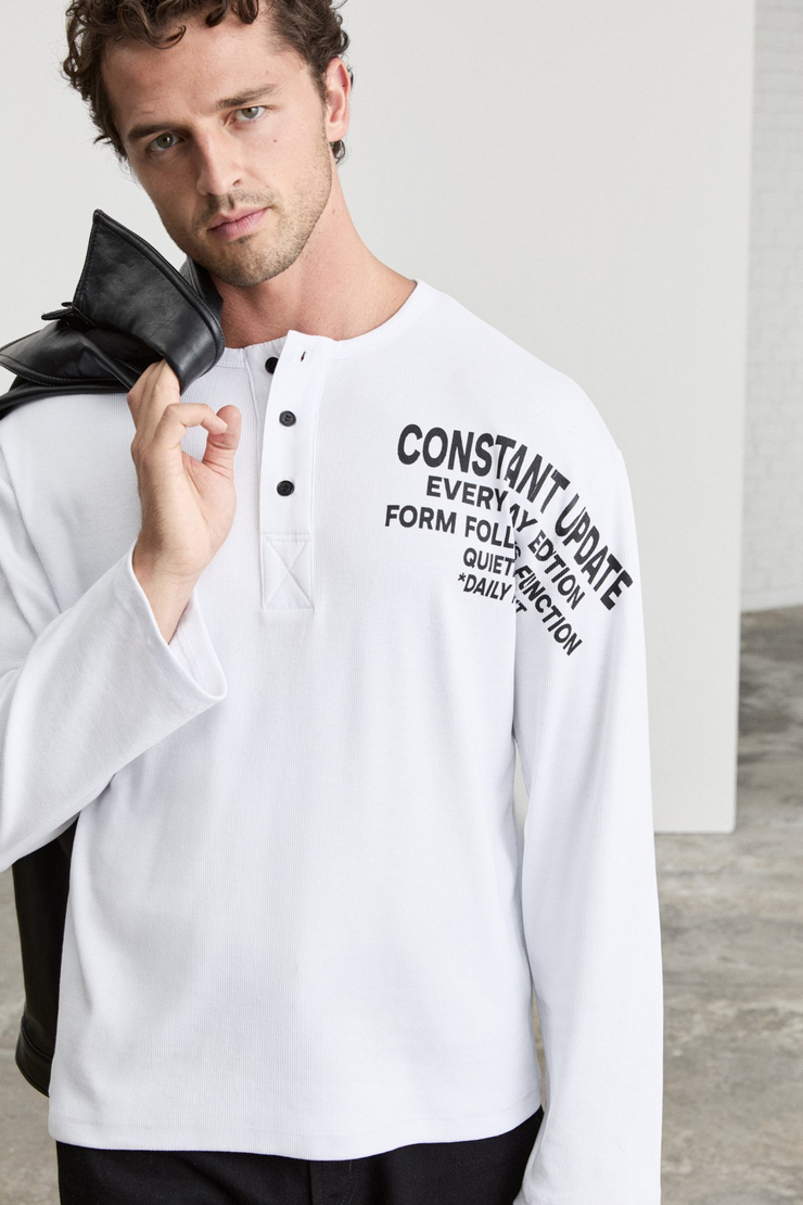RICAMO Erkek Baskılı Henley Yaka Uzun Kollu Beyaz T-Shirt