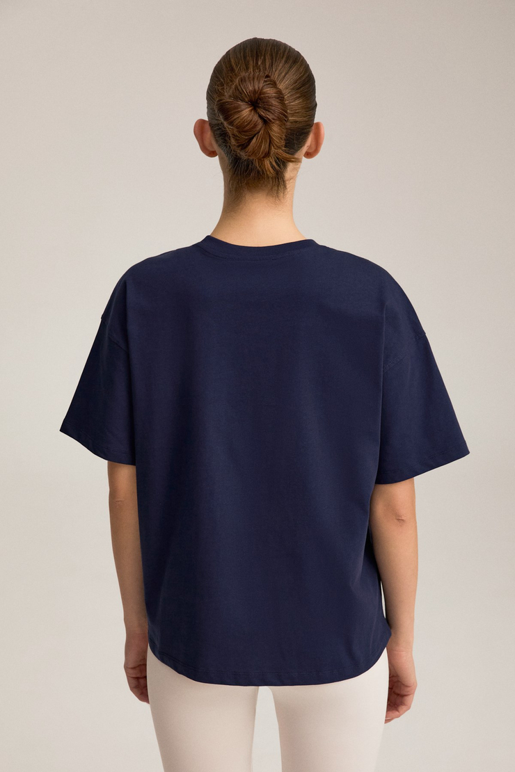 RIELLE Kadın %100 Organik Pamuklu Kalın Dokulu Oversize Fit Yuvarlak Yakalı Lacivert T-Shirt