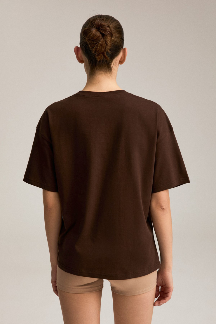 RIELLE Kadın %100 Organik Pamuklu Kalın Dokulu Oversize Fit Yuvarlak Yakalı Kahverengi T-Shirt