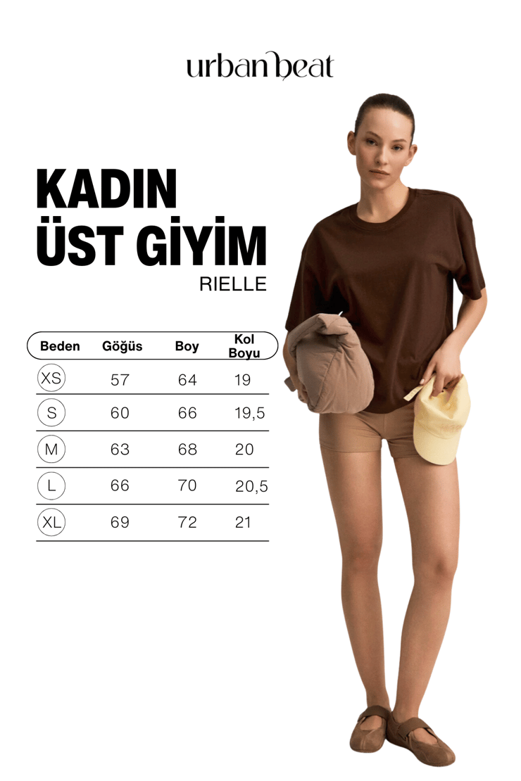 RIELLE Kadın %100 Organik Pamuklu Kalın Dokulu Oversize Fit Yuvarlak Yakalı Kahverengi T-Shirt