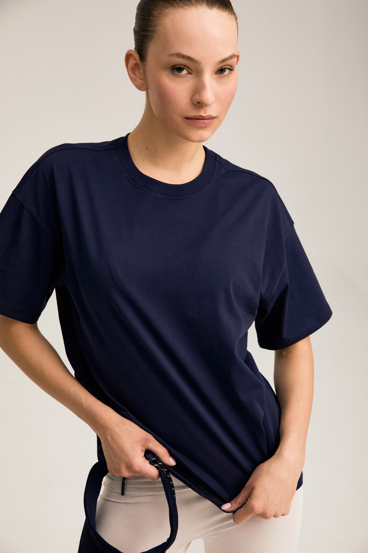 RIELLE Kadın %100 Organik Pamuklu Kalın Dokulu Oversize Fit Yuvarlak Yakalı Lacivert T-Shirt