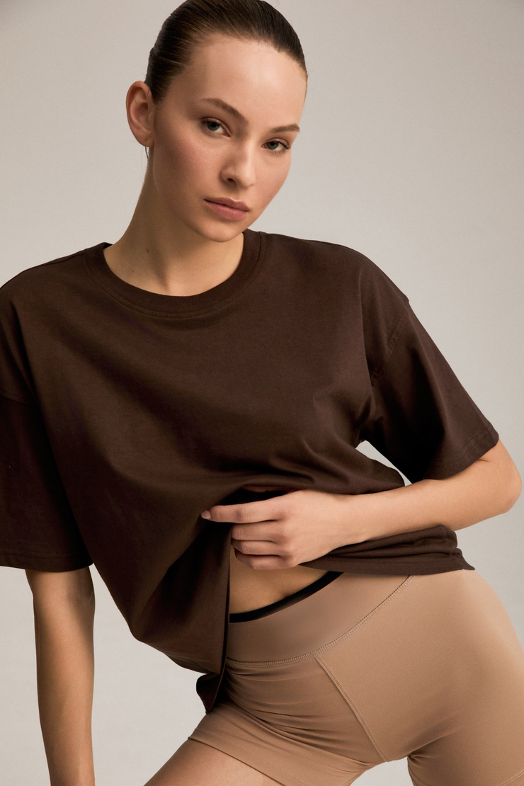 RIELLE Kadın %100 Organik Pamuklu Kalın Dokulu Oversize Fit Yuvarlak Yakalı Kahverengi T-Shirt