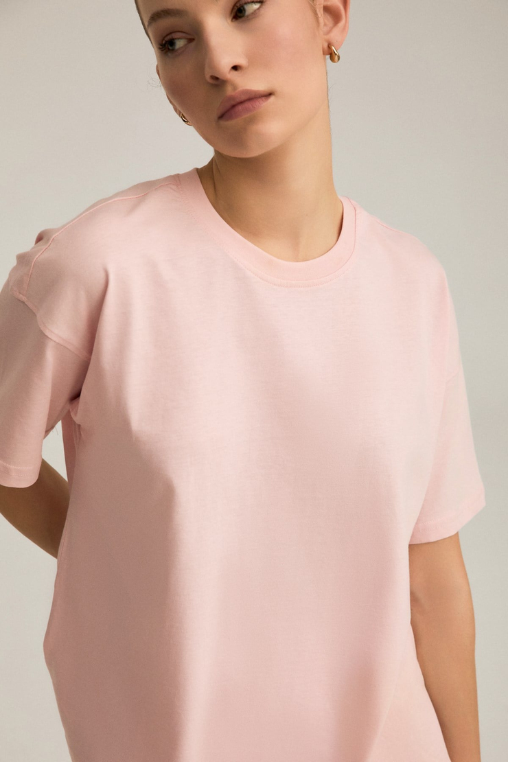 RIELLE Kadın %100 Organik Pamuklu Kalın Dokulu Oversize Fit Yuvarlak Yakalı Pembe T-Shirt