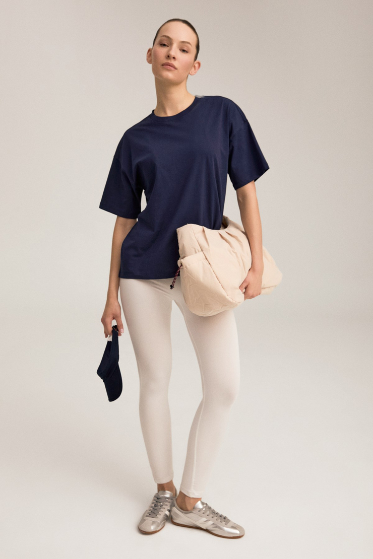 RIELLE Kadın %100 Organik Pamuklu Kalın Dokulu Oversize Fit Yuvarlak Yakalı Lacivert T-Shirt