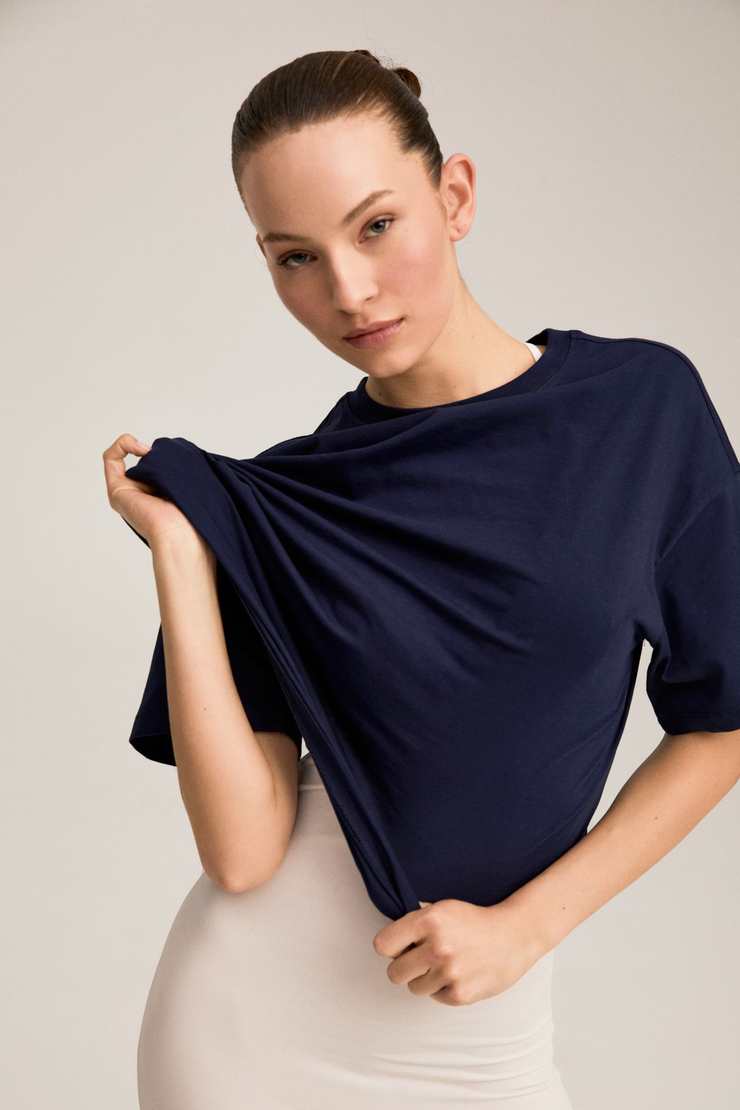 RIELLE Kadın %100 Organik Pamuklu Kalın Dokulu Oversize Fit Yuvarlak Yakalı Lacivert T-Shirt