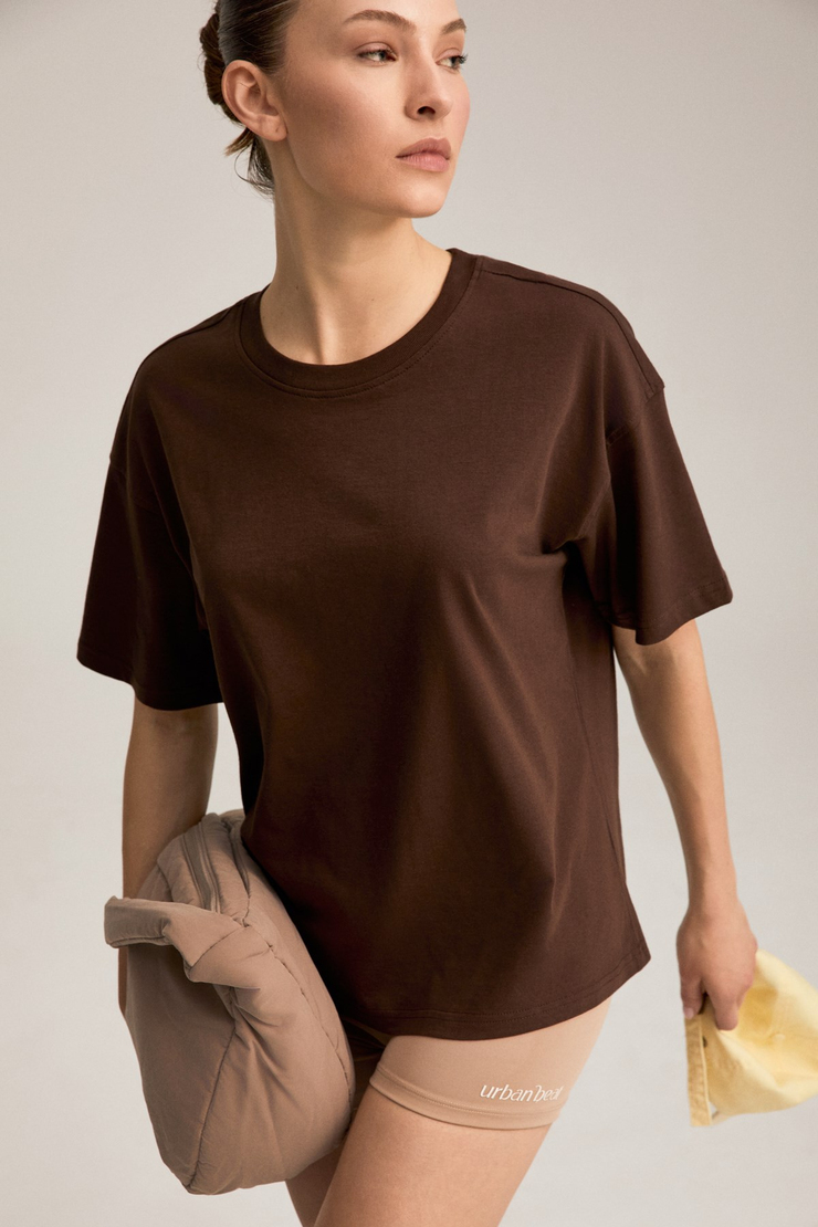 RIELLE Kadın %100 Organik Pamuklu Kalın Dokulu Oversize Fit Yuvarlak Yakalı Kahverengi T-Shirt