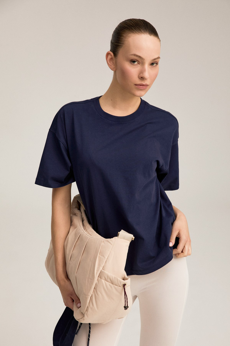 RIELLE Kadın %100 Organik Pamuklu Kalın Dokulu Oversize Fit Yuvarlak Yakalı Lacivert T-Shirt