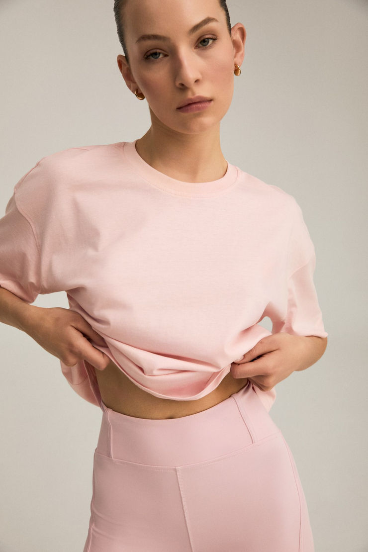 RIELLE Kadın %100 Organik Pamuklu Kalın Dokulu Oversize Fit Yuvarlak Yakalı Pembe T-Shirt
