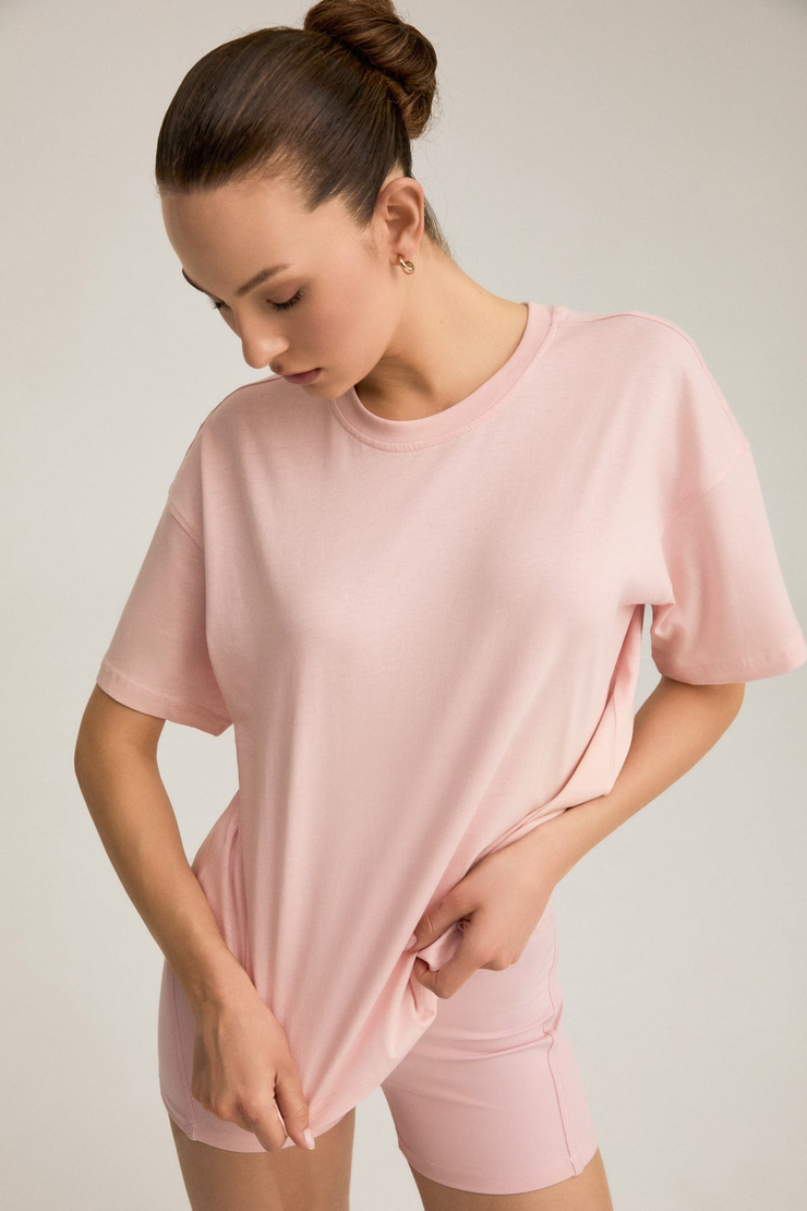 RIELLE Kadın %100 Organik Pamuklu Kalın Dokulu Oversize Fit Yuvarlak Yakalı Pembe T-Shirt