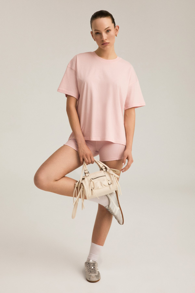 RIELLE Kadın %100 Organik Pamuklu Kalın Dokulu Oversize Fit Yuvarlak Yakalı Pembe T-Shirt