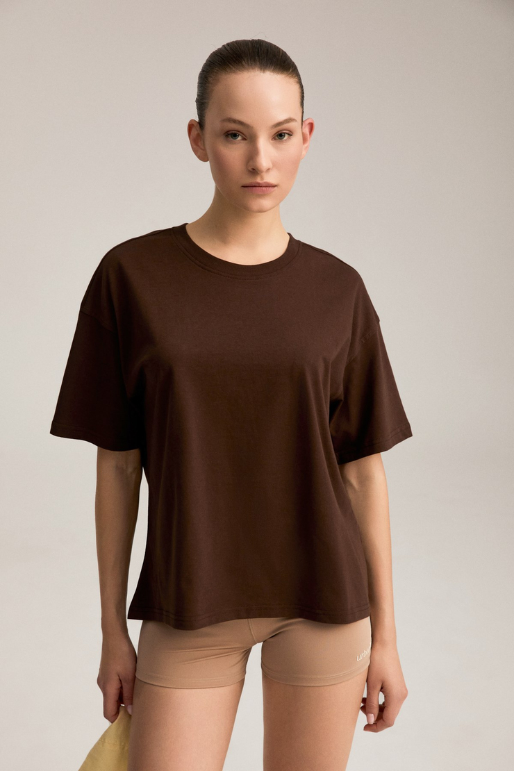 RIELLE Kadın %100 Organik Pamuklu Kalın Dokulu Oversize Fit Yuvarlak Yakalı Kahverengi T-Shirt