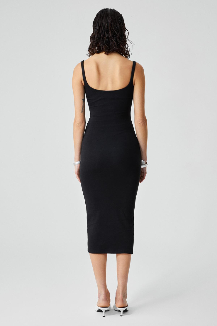 RINIA Kadın Slim Fit Geniş Yaka Askılı Siyah Elbise