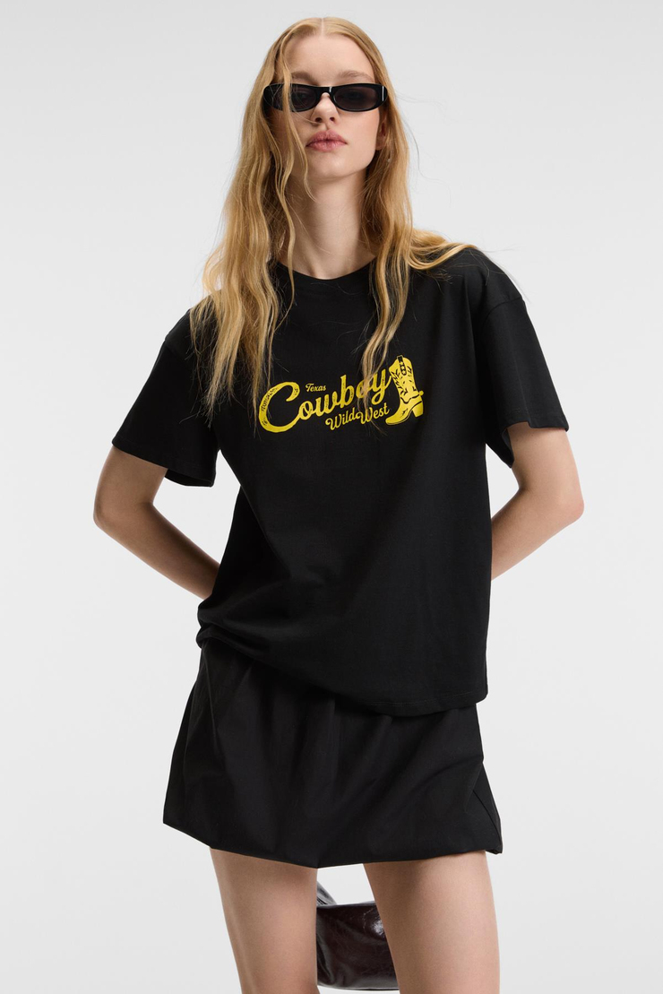 RIVELA Kadın %100 Pamuk Regular Fit Baskılı Bisiklet Yaka Kısa Kol Siyah T-Shirt
