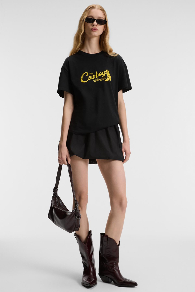 RIVELA Kadın %100 Pamuk Regular Fit Baskılı Bisiklet Yaka Kısa Kol Siyah T-Shirt