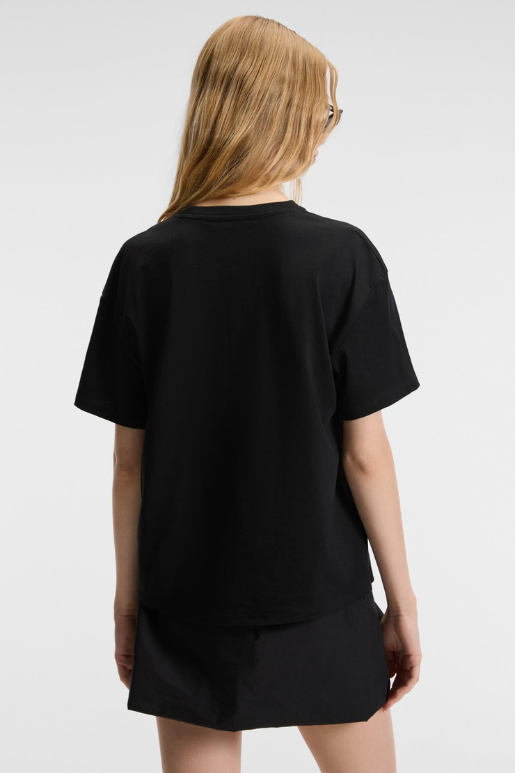 RIVELA Kadın %100 Pamuk Regular Fit Baskılı Bisiklet Yaka Kısa Kol Siyah T-Shirt