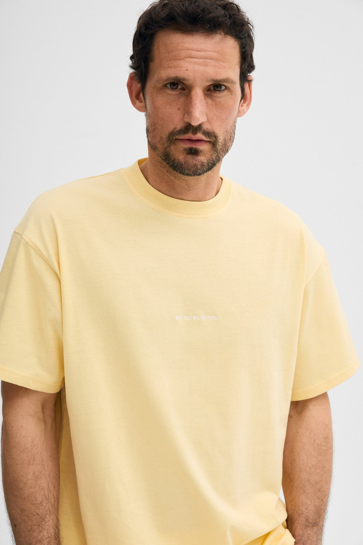 RIVER Erkek Oversize Fit Bol Kesim Nakış İşlemeli Basic Örme Açık Sarı T-Shirt