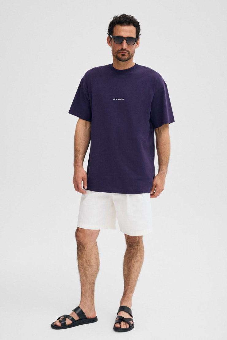 RIVER Erkek Oversize Fit Bol Kesim Nakış İşlemeli Basic Örme Koyu Mor T-Shirt