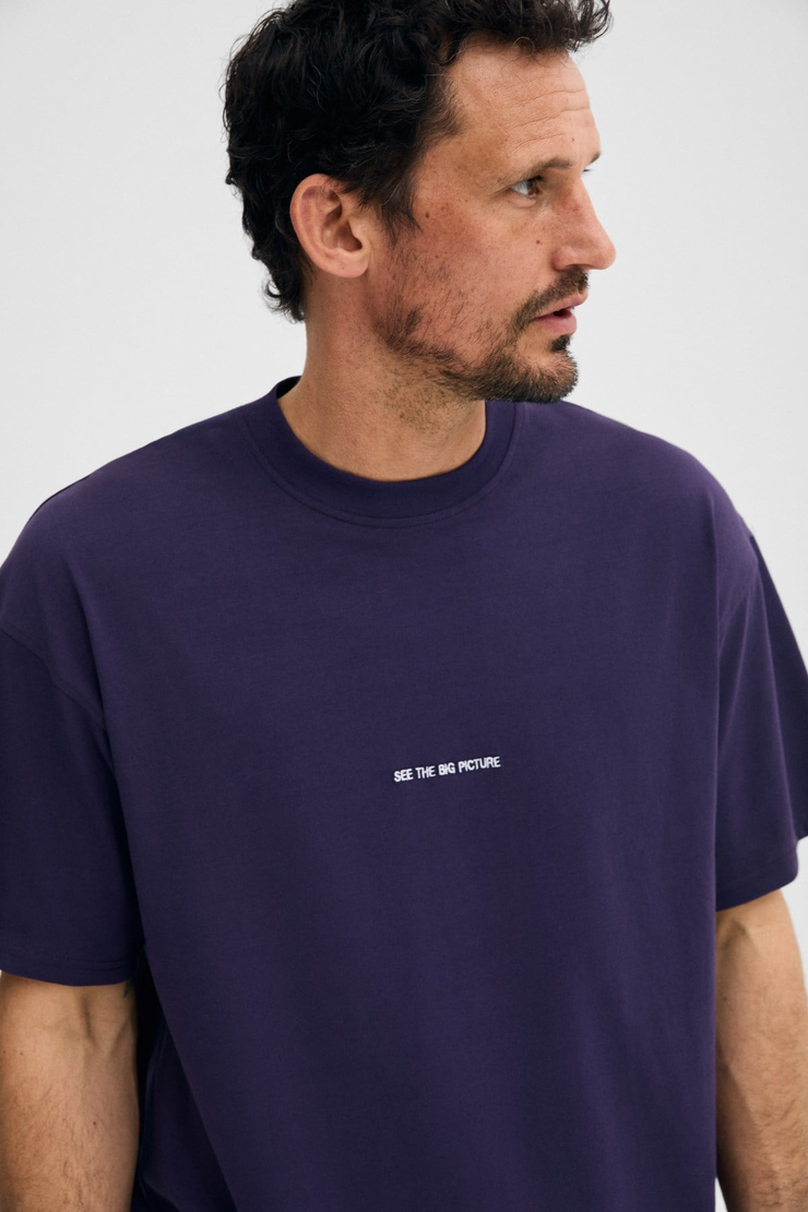 RIVER Erkek Oversize Fit Bol Kesim Nakış İşlemeli Basic Örme Koyu Mor T-Shirt