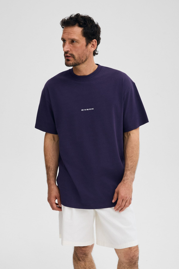 RIVER Erkek Oversize Fit Bol Kesim Nakış İşlemeli Basic Örme Koyu Mor T-Shirt