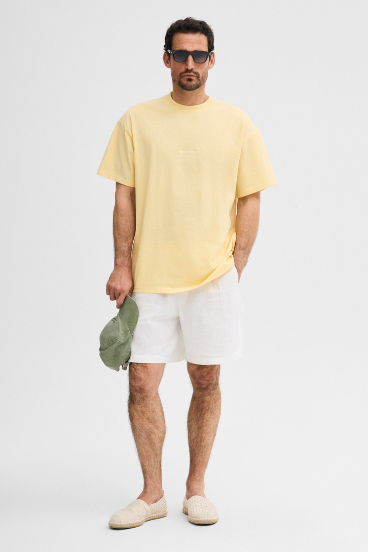 RIVER Erkek Oversize Fit Bol Kesim Nakış İşlemeli Basic Örme Açık Sarı T-Shirt