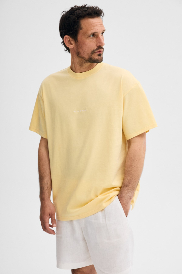 RIVER Erkek Oversize Fit Bol Kesim Nakış İşlemeli Basic Örme Açık Sarı T-Shirt