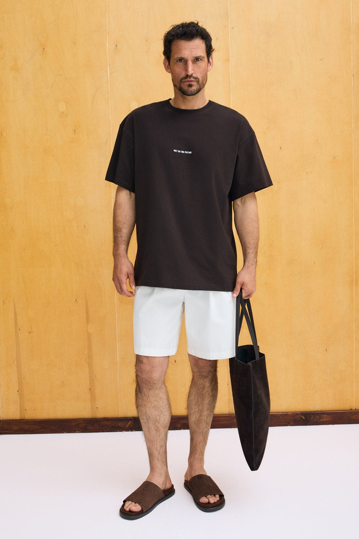 RIVER Erkek Oversize Fit Bol Kesim Nakış İşlemeli Basic Örme Kahverengi T-Shirt