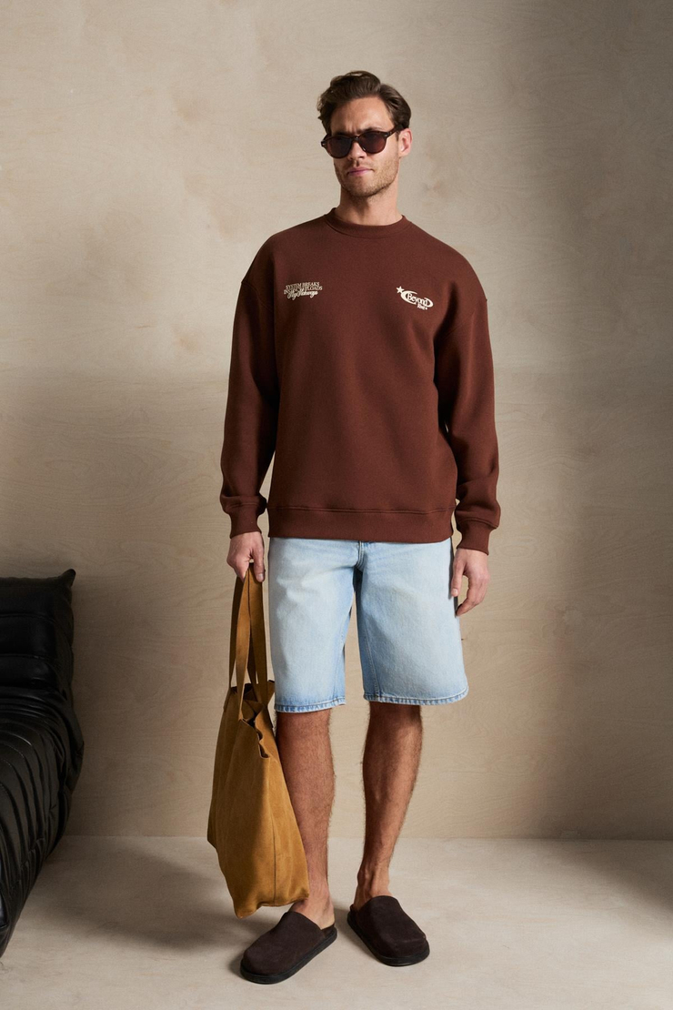 RIVET Erkek Organik Pamuklu İçi Polarlı Baskılı Bisiklet Yaka Regular Kahverengi Sweatshirt