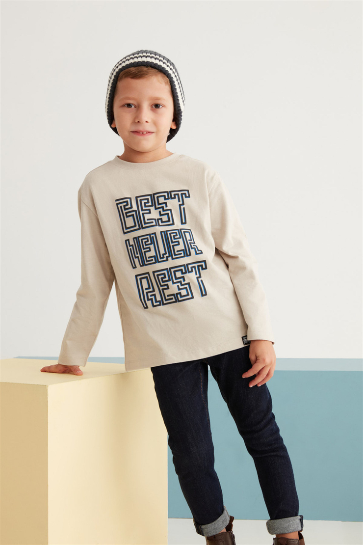 ROCKY Çocuk Ekru Baskılı Yuvarlak Yaka Comfort Fit T-Shirt