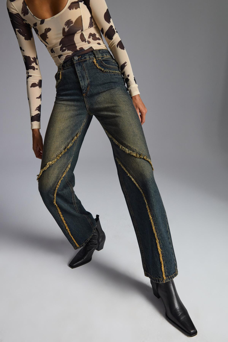 RODEO Kadın Denim Püsküllü Kovboy Stili Straight Fit %100 pamuk kot Antrasit Jeans