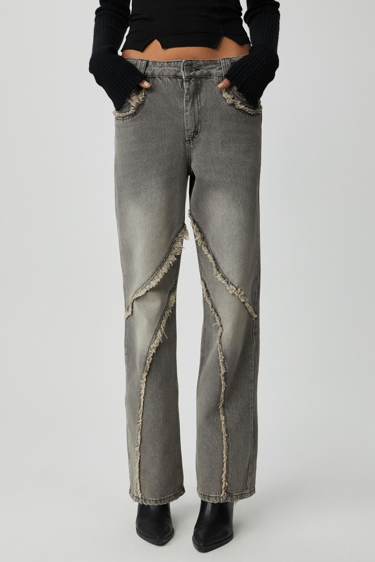 RODEO Kadın Denim Püsküllü Kovboy Stili Straight Fit %100 pamuk kot Gri Jeans