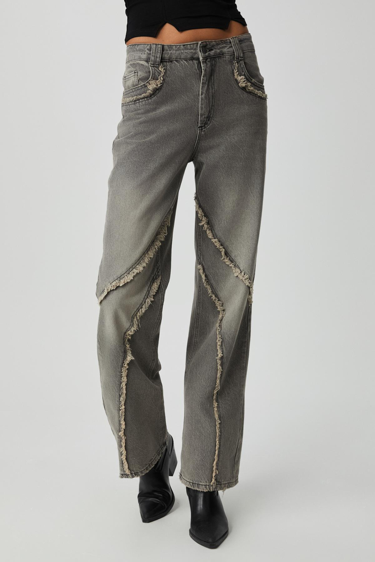 RODEO Kadın Denim Püsküllü Kovboy Stili Straight Fit %100 pamuk kot Gri Jeans