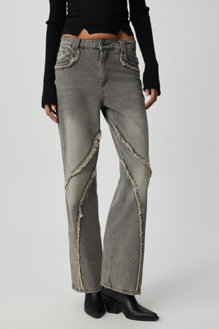 RODEO Kadın Denim Püsküllü Kovboy Stili Straight Fit %100 pamuk kot Gri Jeans