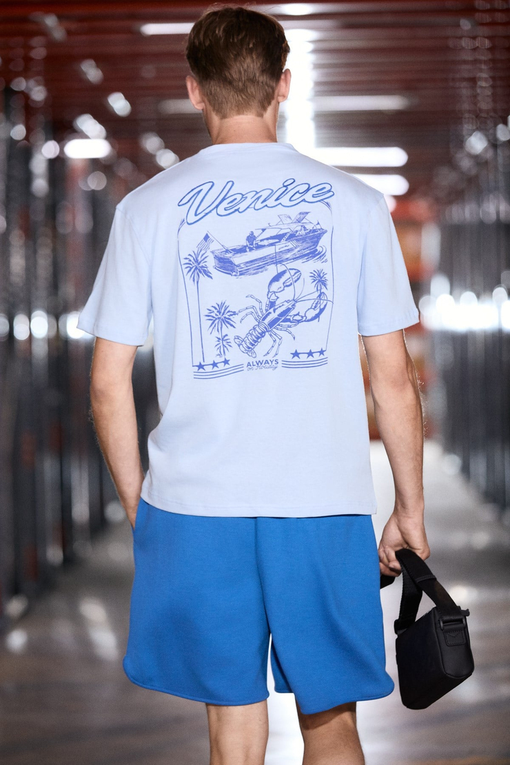 ROOMY Erkek %100 Organik Pamuklu Yuvarlak Yakalı Baskı Detaylı Comfort Fit Mavi T-Shirt