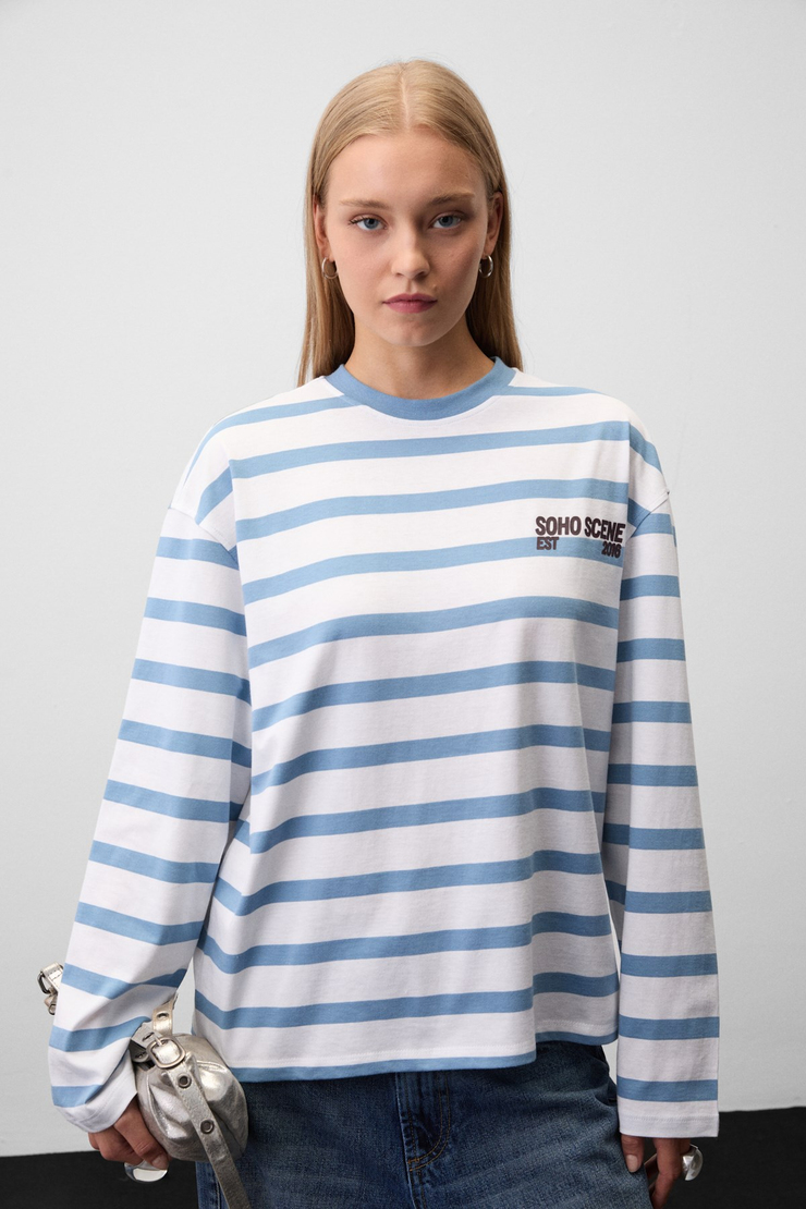 ROSALINA Kadın Çizgili Kumaş Üzerinde Baskılı Uzun Kollu Beyaz-Mavi Çizgili T-Shirt