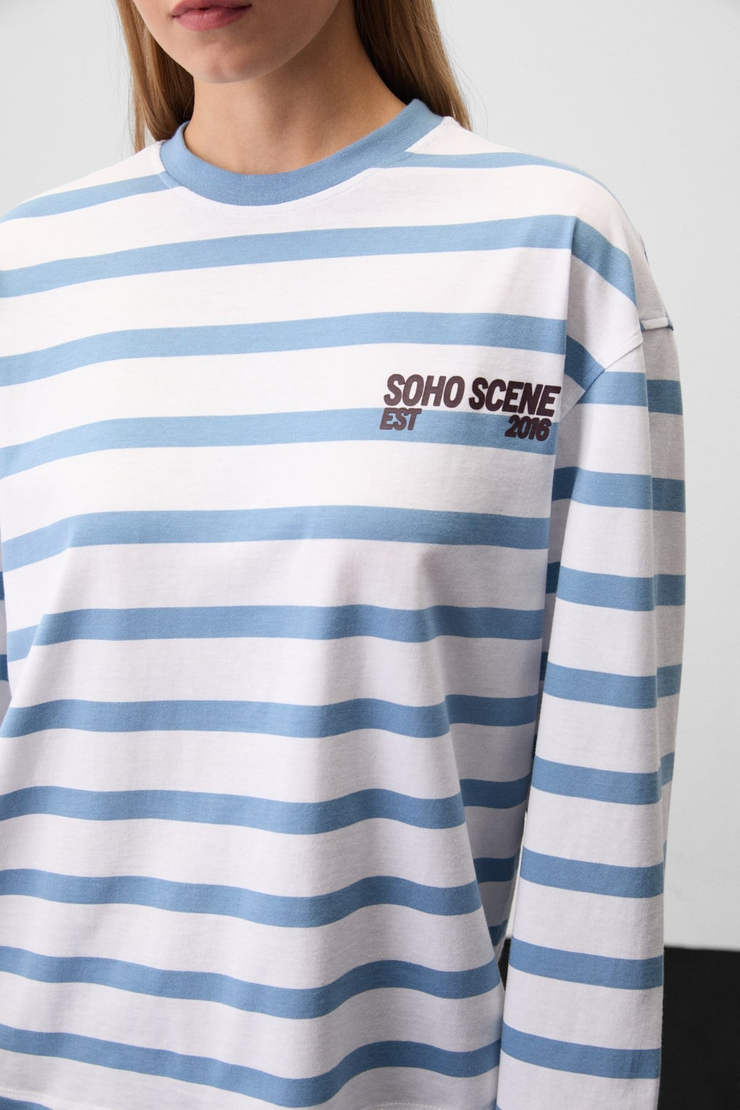ROSALINA Kadın Çizgili Kumaş Üzerinde Baskılı Uzun Kollu Beyaz-Mavi Çizgili T-Shirt