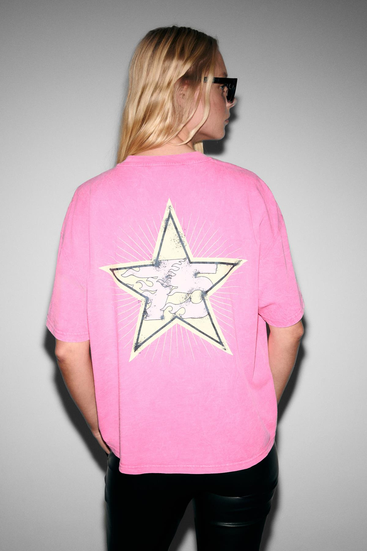 ROSY Kadın Yumuşak Ve Esnek Kumaşlı Baskı Detaylı Yıkamalı Pembe T-Shirt