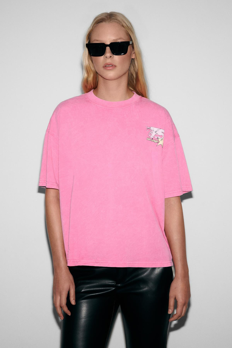 ROSY Kadın Yumuşak Ve Esnek Kumaşlı Baskı Detaylı Yıkamalı Pembe T-Shirt
