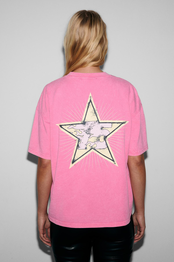 ROSY Kadın Yumuşak Ve Esnek Kumaşlı Baskı Detaylı Yıkamalı Pembe T-Shirt