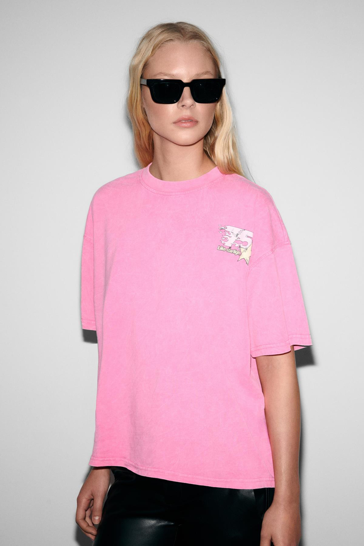 ROSY Kadın Yumuşak Ve Esnek Kumaşlı Baskı Detaylı Yıkamalı Pembe T-Shirt